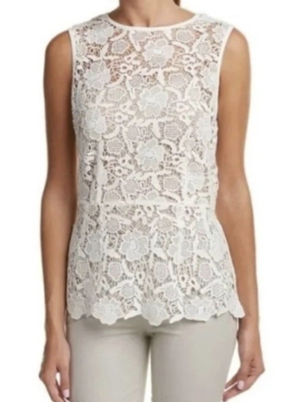 CAbi white crochet lace peplum sleeveless blouse 100% cotton Small
